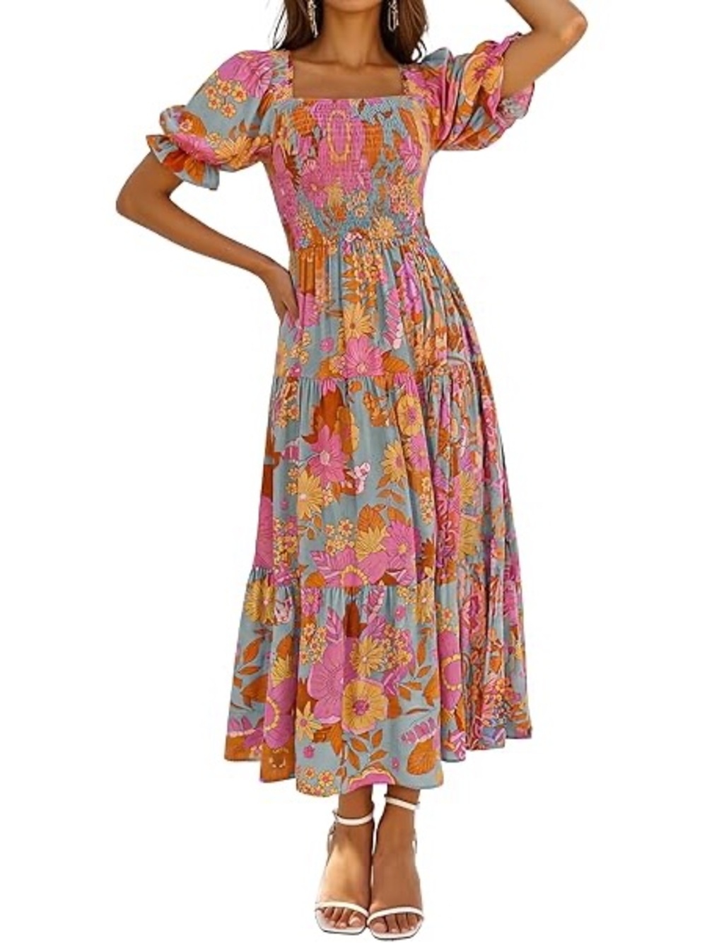 Women’s Smocked Midi Dress in Pink and Brown Floral